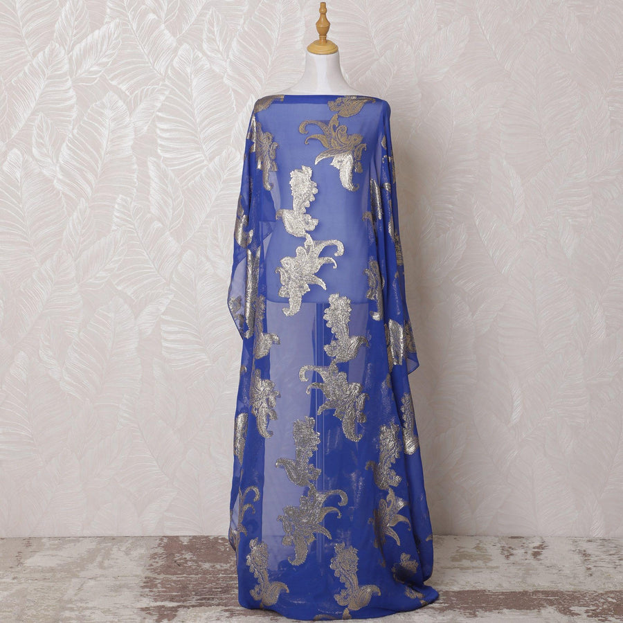 Royal blue Premium pure French (Fransawi) silk chiffon dirac fabric with gold metallic lurex in floral design-D16251