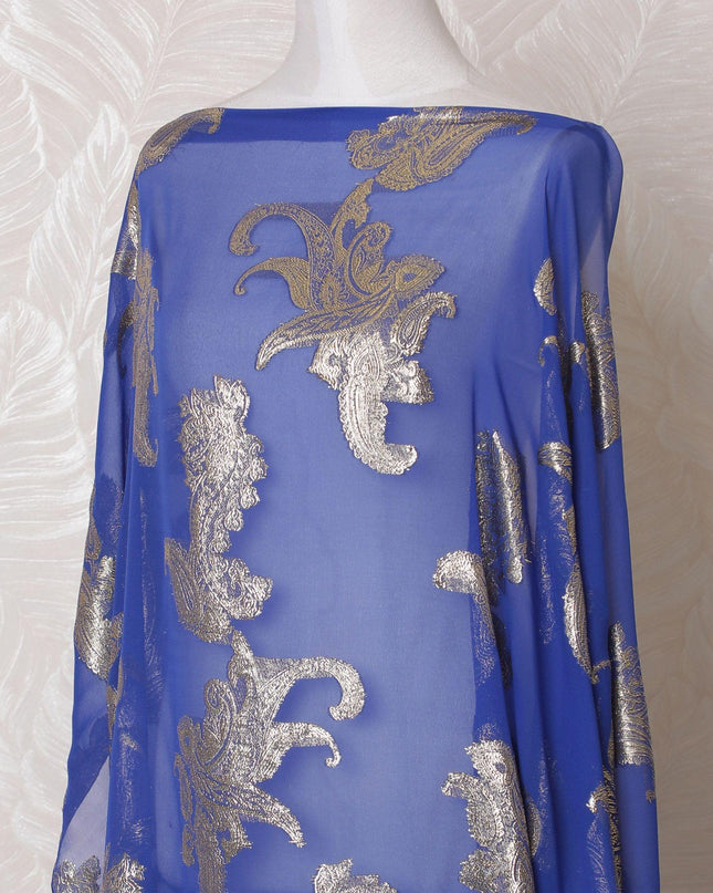 Royal blue Premium pure French (Fransawi) silk chiffon dirac fabric with gold metallic lurex in floral design-D16251