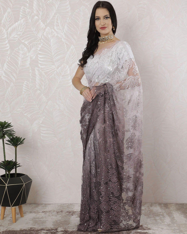 Light pink to mauve Premium pure Chantilly lace saree having stone work in Ombre design-D16332