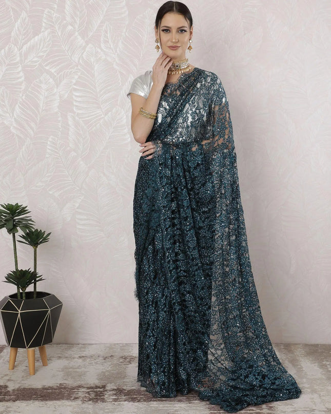 Petrol blue, black Premium pure French chantilly lace saree having stone work in floral design-D16334 Regal Fabrics
