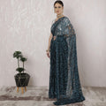 Petrol blue, black Premium pure French chantilly lace saree having stone work in floral design-D16334