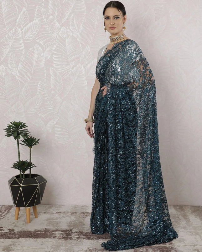 Petrol blue, black Premium pure French chantilly lace saree having stone work in floral design-D16334 Regal Fabrics