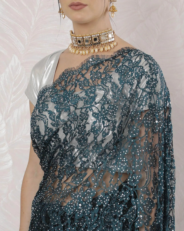 Petrol blue, black Premium pure French chantilly lace saree having stone work in floral design-D16334 Regal Fabrics