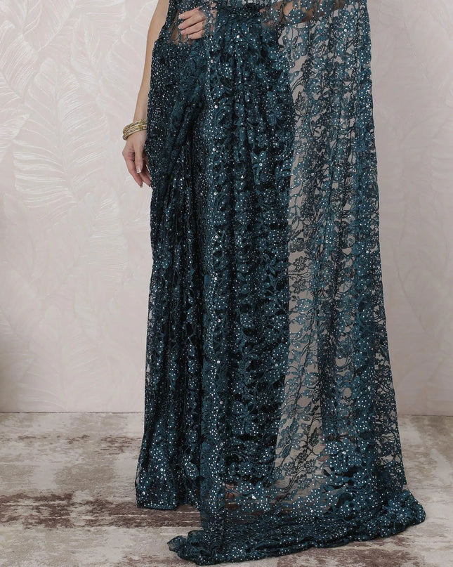 Petrol blue, black Premium pure French chantilly lace saree having stone work in floral design-D16334 Regal Fabrics
