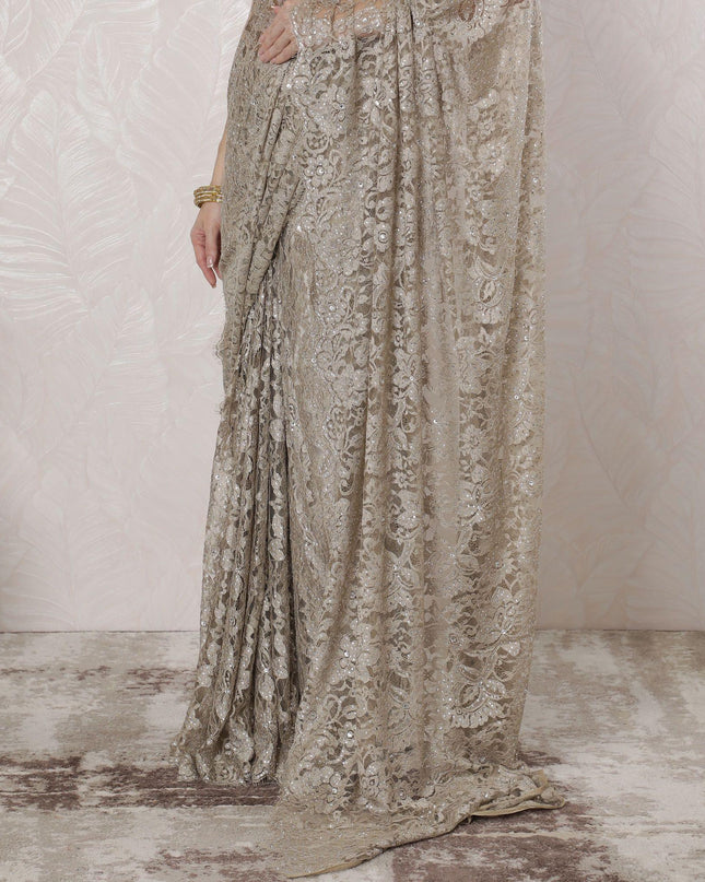 Tan beige Premium pure French chantilly lace saree having stone work in floral design-D16335