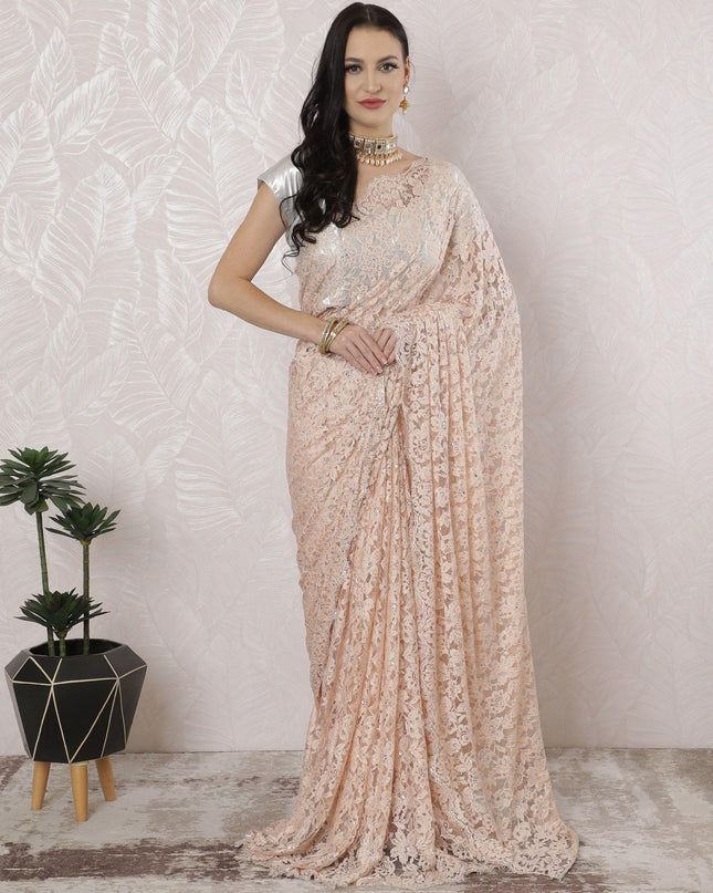 Light Peach Premium pure French chantilly lace saree having stone work in floral design-D16338