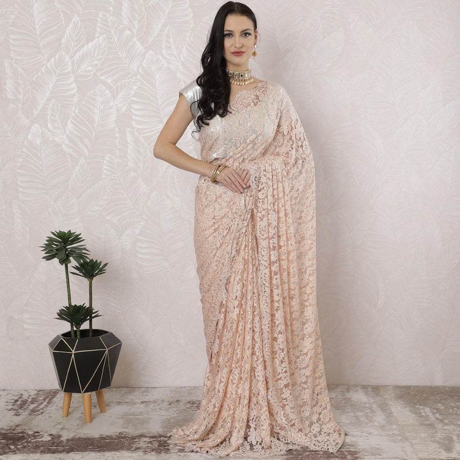 Light Peach Premium pure French chantilly lace saree having stone work in floral design-D16338