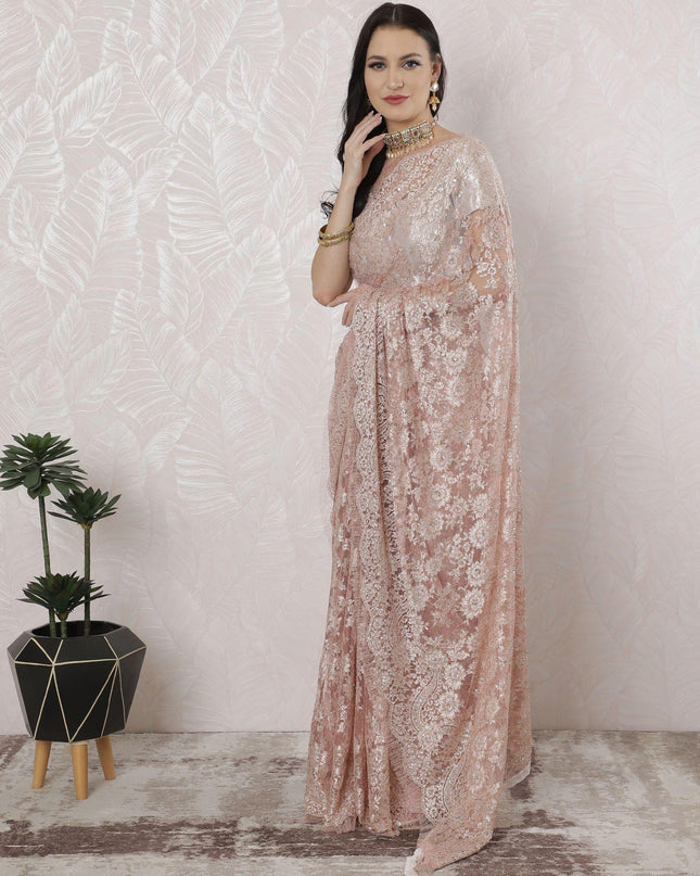 Rose pink, gold, silver Premium pure French metallic chantilly lace saree having stone work in floral design-D16339