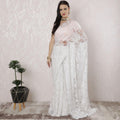 White Premium pure French metallic chantilly lace saree having stone work in floral design-D16340