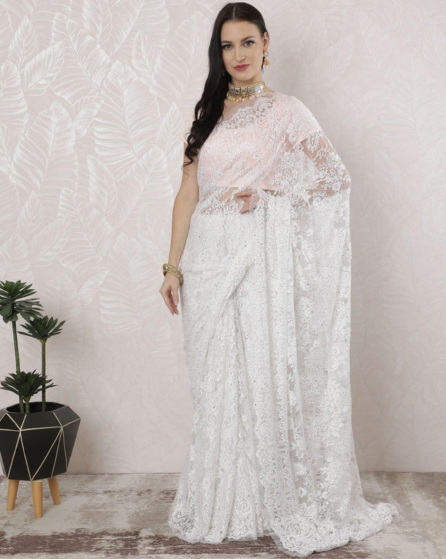 White Premium pure French metallic chantilly lace saree having stone work in floral design-D16340