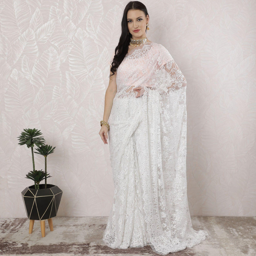 White Premium pure French metallic chantilly lace saree having stone work in floral design-D16340