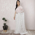 White Premium pure French metallic chantilly lace saree having stone work in floral design-D16340