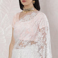 White Premium pure French metallic chantilly lace saree having stone work in floral design-D16340
