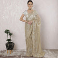 Gold, silver Premium pure French metallic chantilly lace saree having stone work in stripe design-D16341