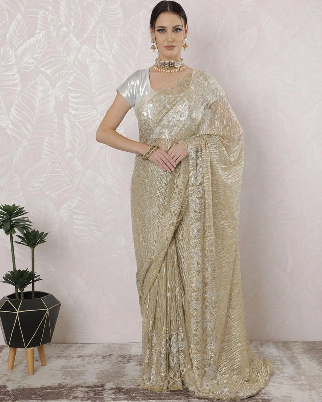 Gold, silver Premium pure French metallic chantilly lace saree having stone work in stripe design-D16341 Regal Fabrics