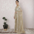 Gold, silver Premium pure French metallic chantilly lace saree having stone work in stripe design-D16341