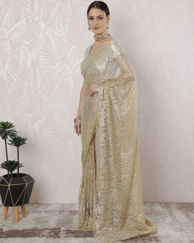 Gold, silver Premium pure French metallic chantilly lace saree having stone work in stripe design-D16341 Regal Fabrics