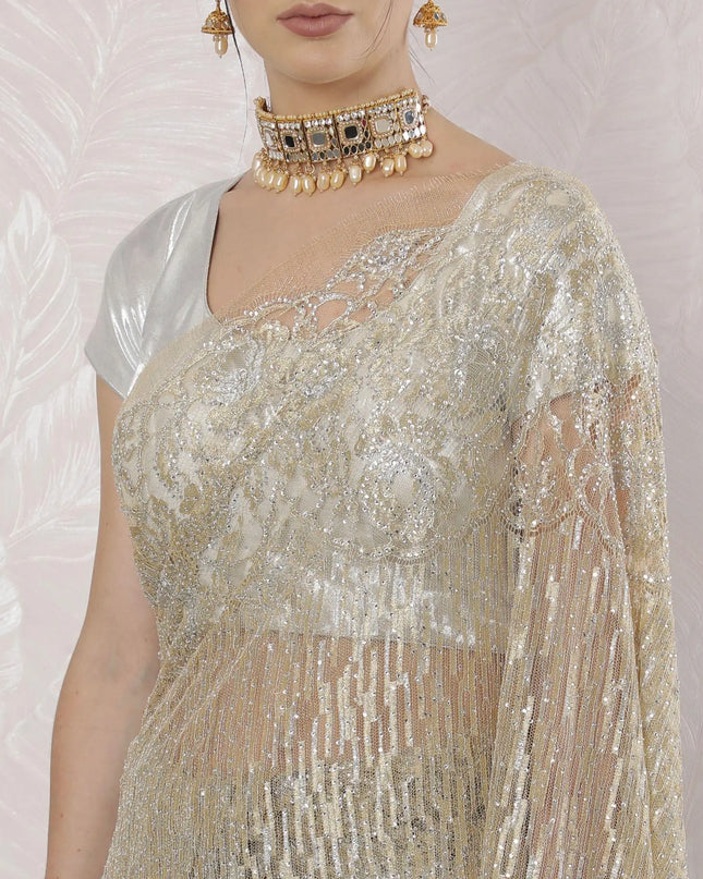 Gold, silver Premium pure French metallic chantilly lace saree having stone work in stripe design-D16341 Regal Fabrics