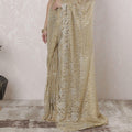 Gold, silver Premium pure French metallic chantilly lace saree having stone work in stripe design-D16341