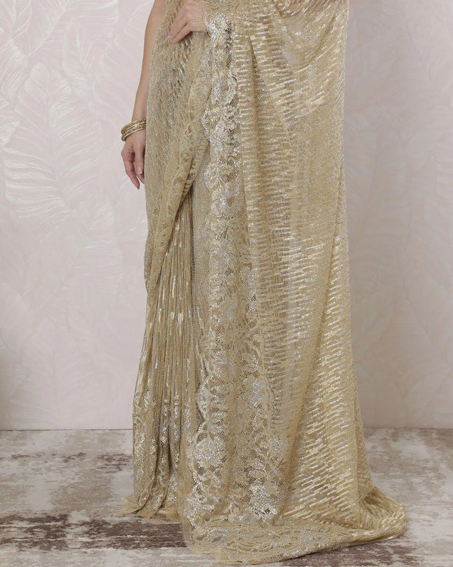 Gold, silver Premium pure French metallic chantilly lace saree having stone work in stripe design-D16341 Regal Fabrics