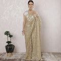 Gold, silver Premium pure French metallic chantilly lace saree having stone work, applique flowers in floral design-D16344