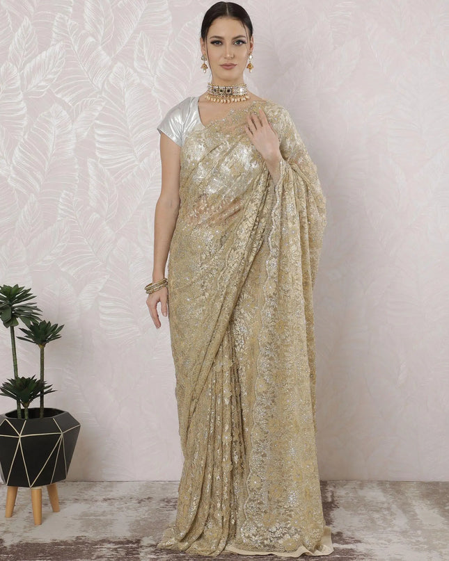 Gold, silver Premium pure French metallic chantilly lace saree having stone work, applique flowers in floral design-D16344 Regal Fabrics