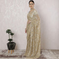 Gold, silver Premium pure French metallic chantilly lace saree having stone work, applique flowers in floral design-D16344