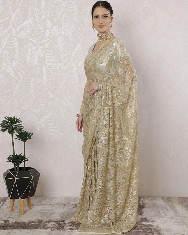Gold, silver Premium pure French metallic chantilly lace saree having stone work, applique flowers in floral design-D16344 Regal Fabrics