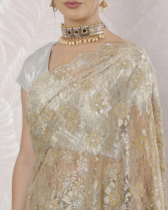 Gold, silver Premium pure French metallic chantilly lace saree having stone work, applique flowers in floral design-D16344 Regal Fabrics