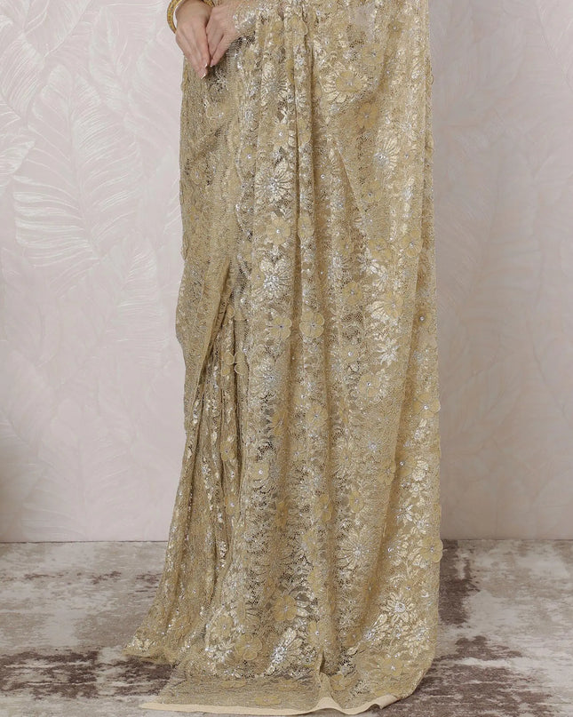 Gold, silver Premium pure French metallic chantilly lace saree having stone work, applique flowers in floral design-D16344 Regal Fabrics