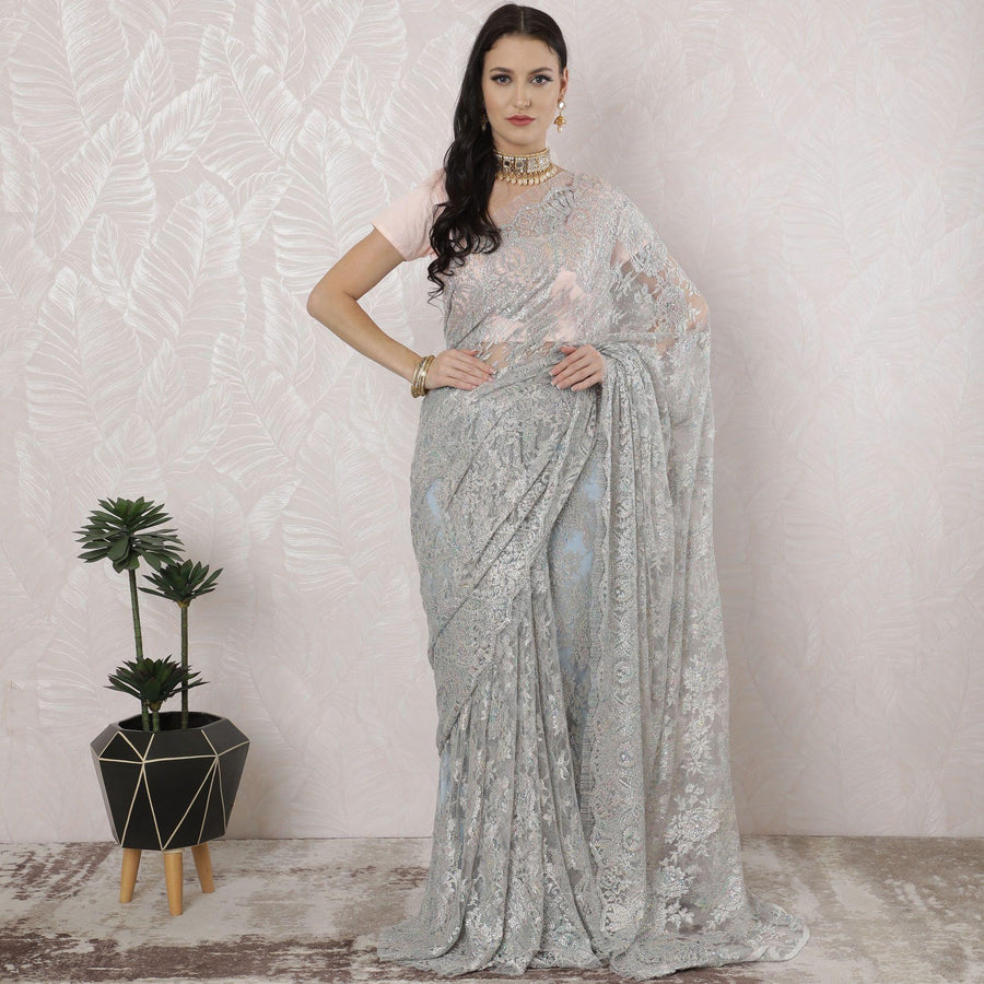 Silver, multicolor Premium pure French metallic chantilly lace saree having stone work in Paisley design-D16345