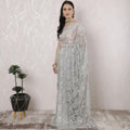 Silver, multicolor Premium pure French metallic chantilly lace saree having stone work in Paisley design-D16345