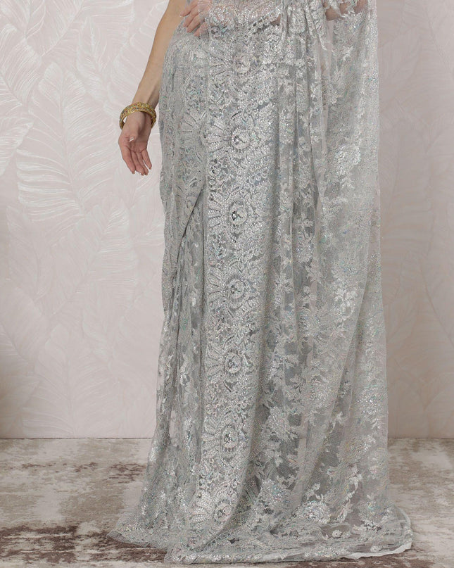 Silver, multicolor Premium pure French metallic chantilly lace saree having stone work in Paisley design-D16345