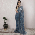 Steel blue, gold Premium pure French metallic chantilly lace saree having stone work in floral design-D16348