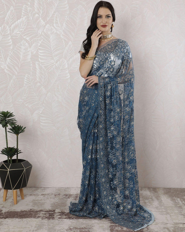 Steel blue, gold Premium pure French metallic chantilly lace saree having stone work in floral design-D16348