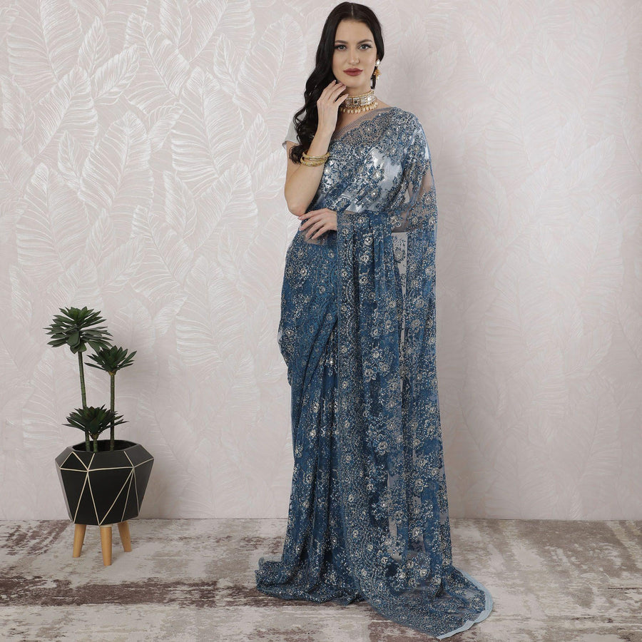 Steel blue, gold Premium pure French metallic chantilly lace saree having stone work in floral design-D16348