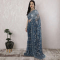 Steel blue, gold Premium pure French metallic chantilly lace saree having stone work in floral design-D16348