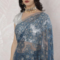 Steel blue, gold Premium pure French metallic chantilly lace saree having stone work in floral design-D16348