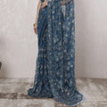 Steel blue, gold Premium pure French metallic chantilly lace saree having stone work in floral design-D16348