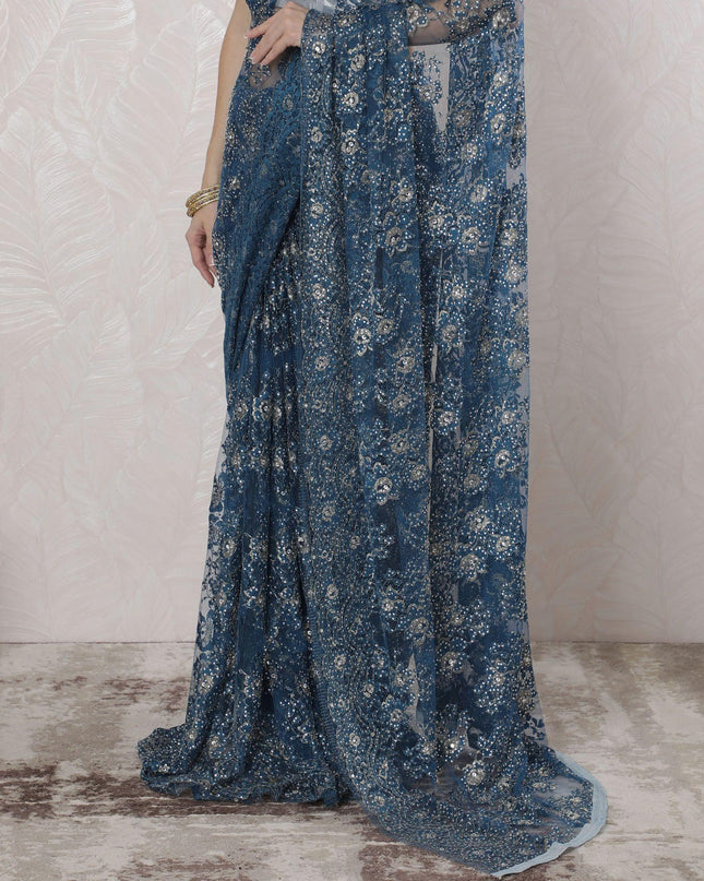 Steel blue, gold Premium pure French metallic chantilly lace saree having stone work in floral design-D16348
