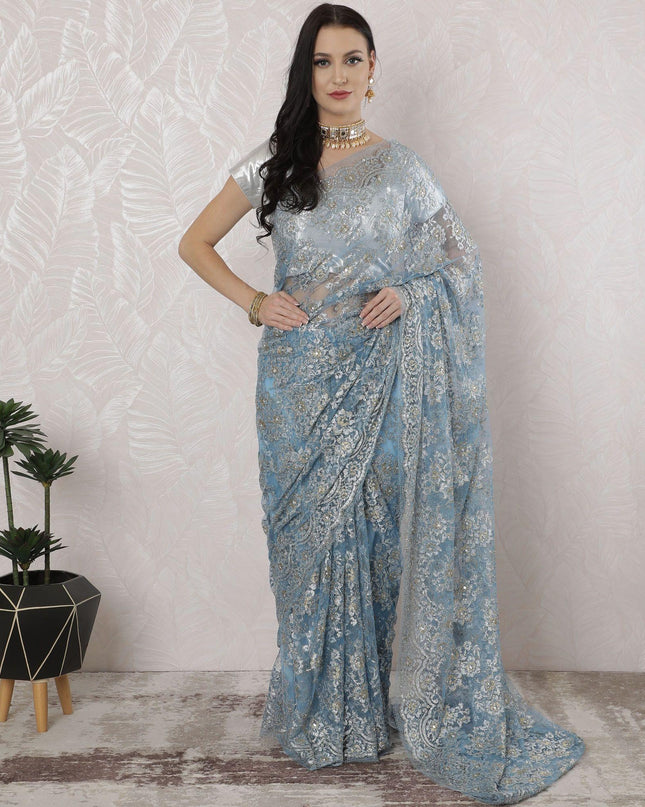 Baby blue, gold, silver Premium pure French metallic chantilly lace saree having stone work in floral design-D16349