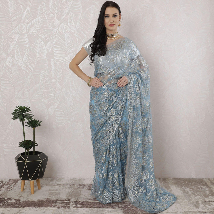 Baby blue, gold, silver Premium pure French metallic chantilly lace saree having stone work in floral design-D16349