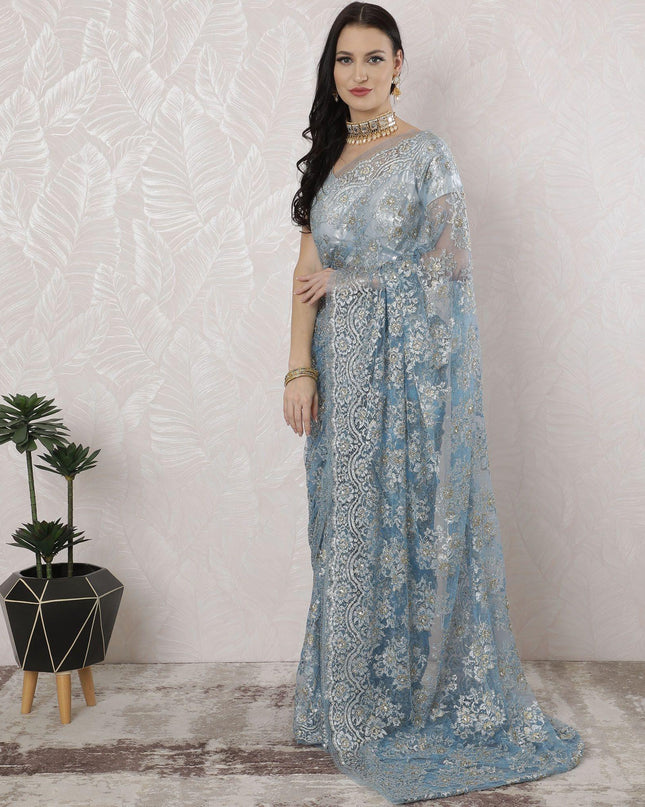 Baby blue, gold, silver Premium pure French metallic chantilly lace saree having stone work in floral design-D16349