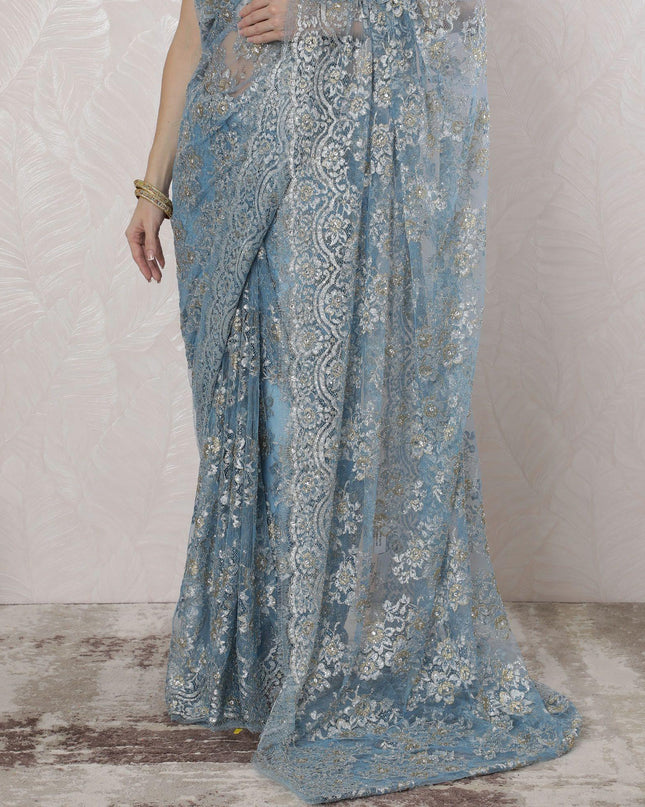 Baby blue, gold, silver Premium pure French metallic chantilly lace saree having stone work in floral design-D16349
