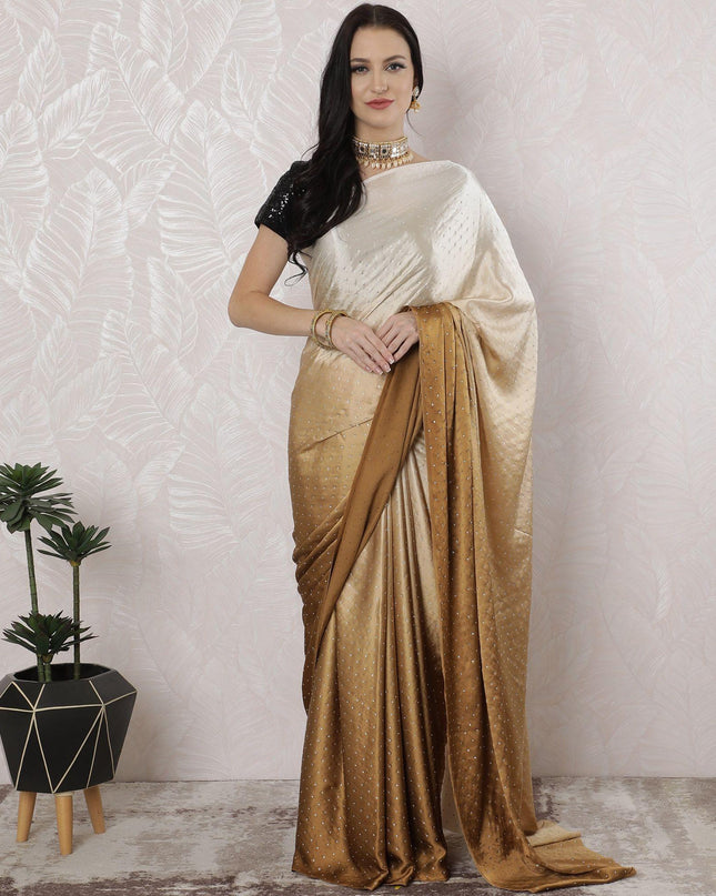 Beige to Golden brown Premium pure silk satin saree having stone work in Ombre design-D16358