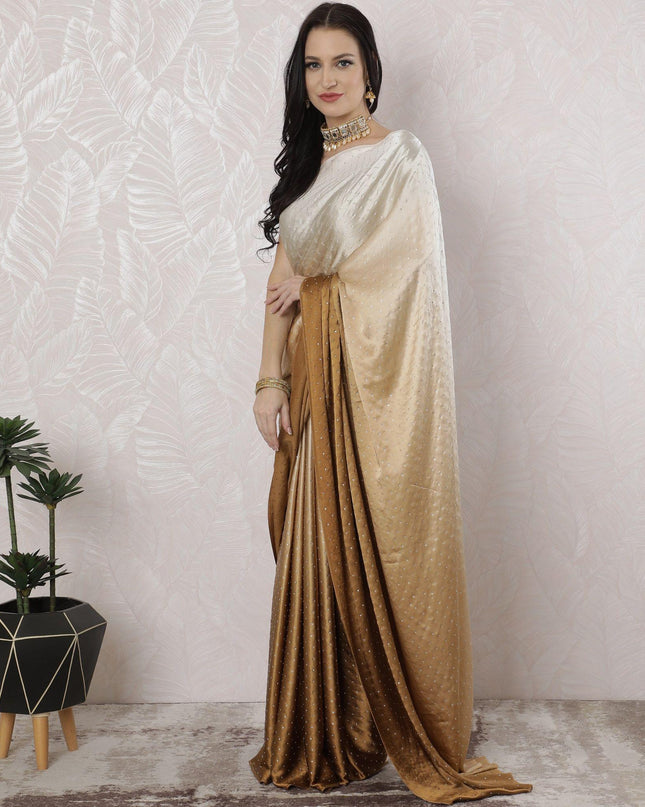Beige to Golden brown Premium pure silk satin saree having stone work in Ombre design-D16358