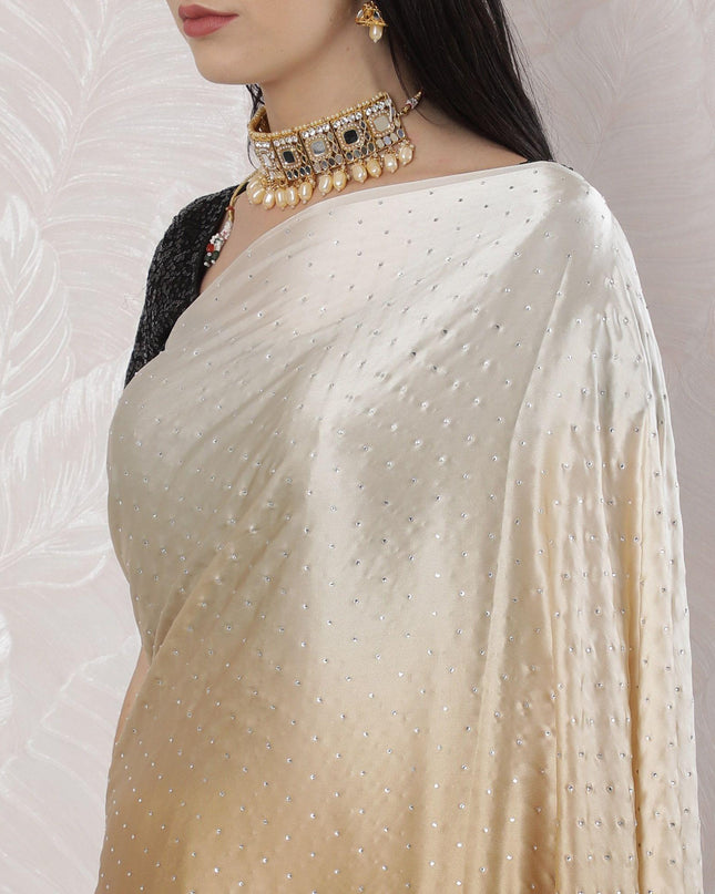 Beige to Golden brown Premium pure silk satin saree having stone work in Ombre design-D16358