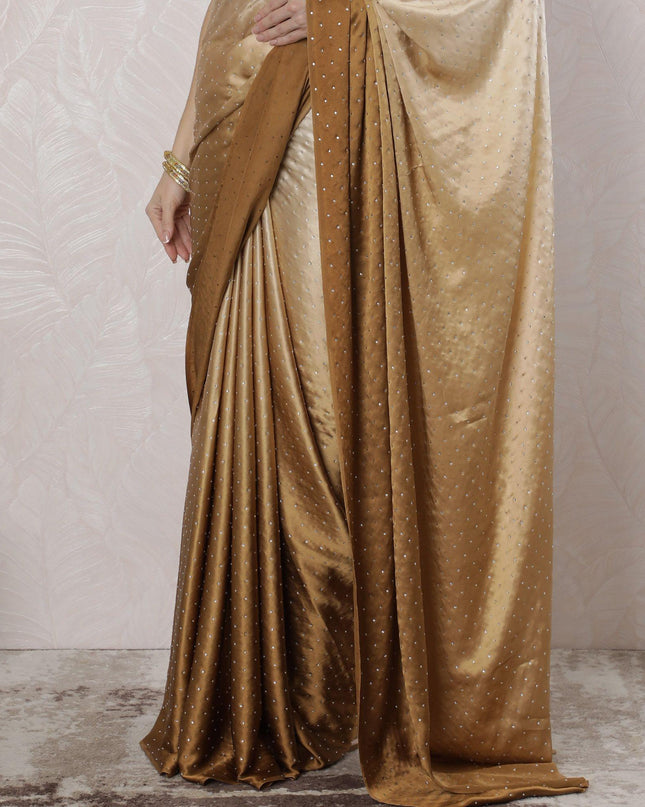 Beige to Golden brown Premium pure silk satin saree having stone work in Ombre design-D16358