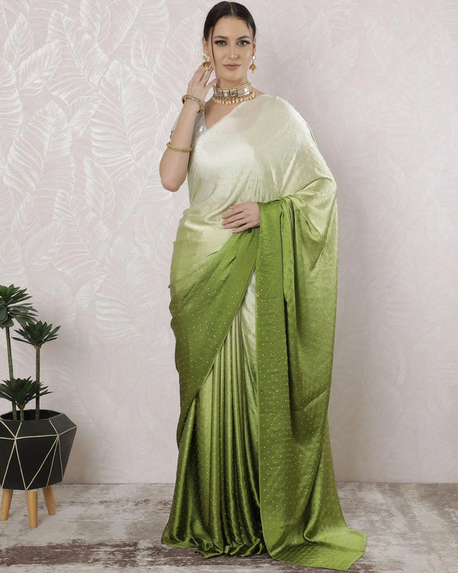 Cream to Sage green Premium pure silk satin saree having stone work in Ombre design-D16359 Regal Fabrics