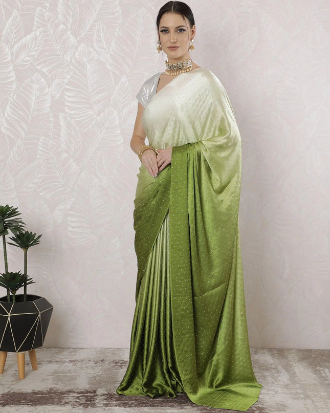 Cream to Sage green Premium pure silk satin saree having stone work in Ombre design-D16359 Regal Fabrics